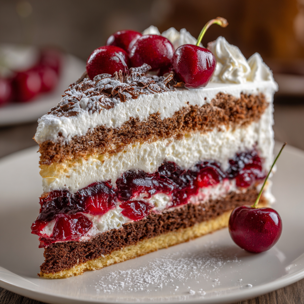 Schwarzwälder Kirschtorte mit Sahne und Kirschen