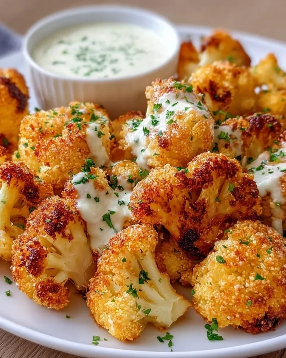 Knusprige gebackene Blumenkohlbissen mit Knoblauchsauce